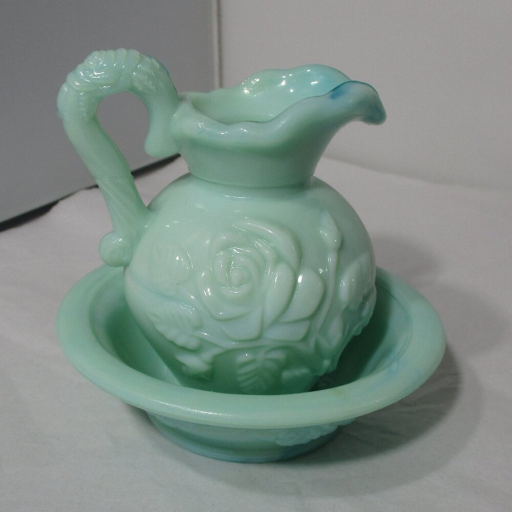 Vintage Avon Green Slag Glass Pitcher & Bowl